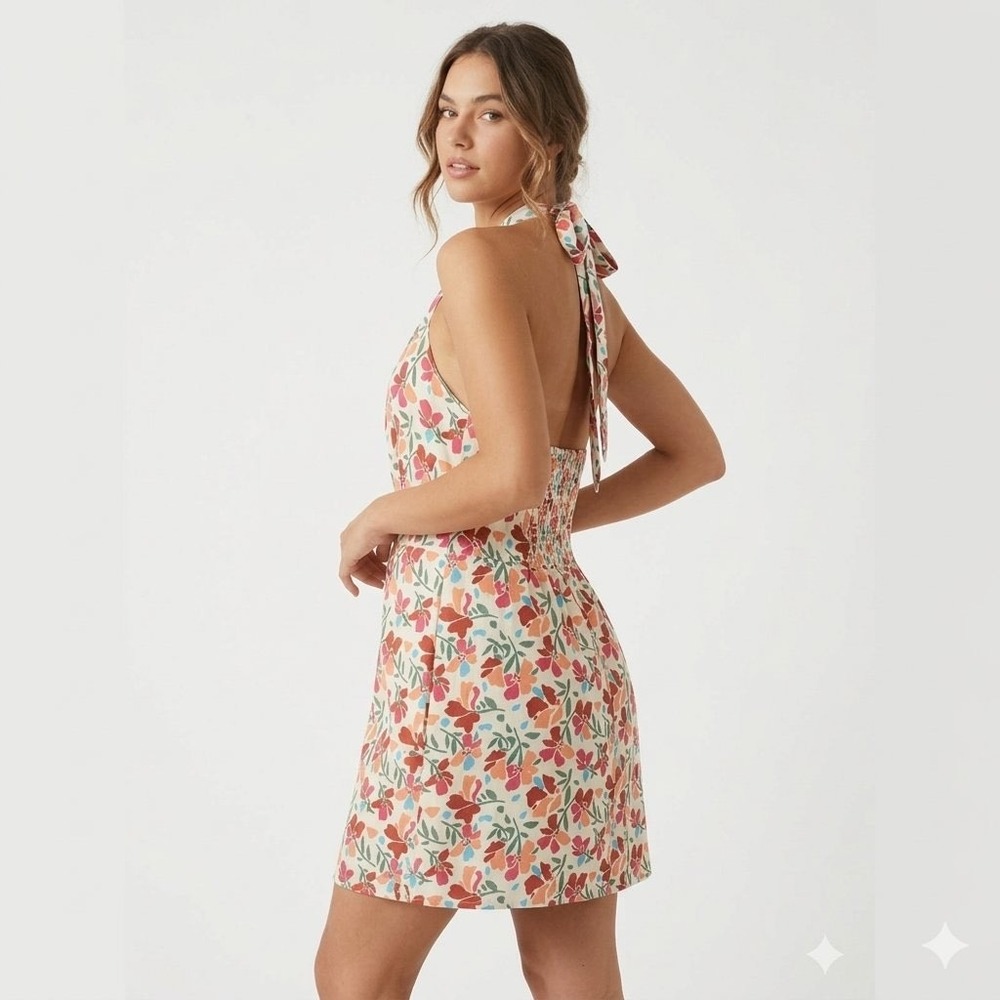 Francesca's Mi Ami Veda Floral Halter Mini Dress Women's Size Large Boho Prairie